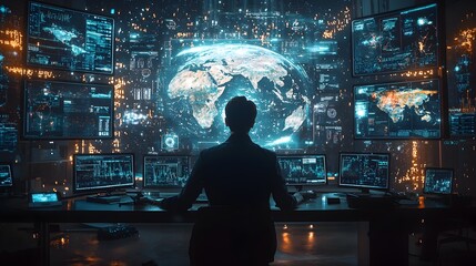 Futuristic Global Business Interface with Floating Holographic Screens and Real-Time Crypto Trading Analytics