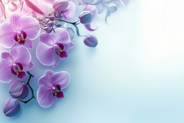 Delicate Pink Orchids with Buds and Stem on a Light Blue Background