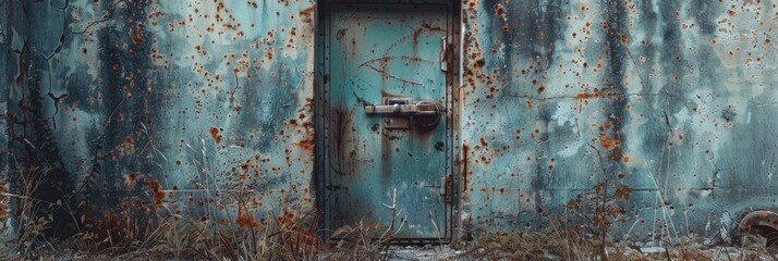 weathered entrance door or hatch with peeling gray paint leading to an underground bunker