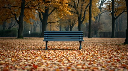 Lone bench in park with fallen autumn leaves