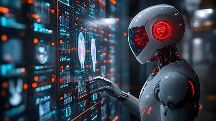 Fototapeta premium Humanoid Robot Doctor Examining Digital Twin with Holographic Organ Systems and Treatment Plan