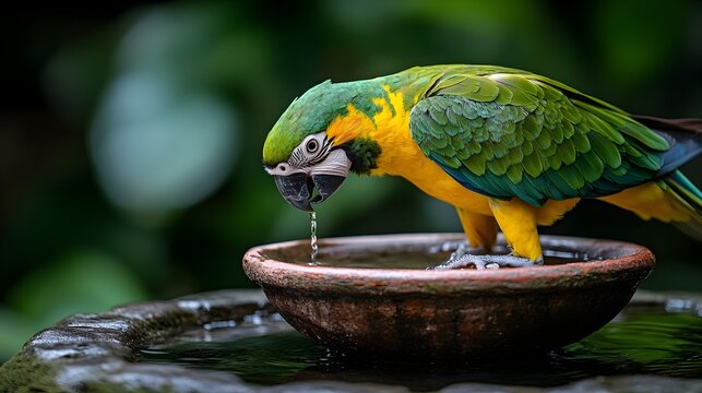 Close up photograph of a vibrant parrot drinking water from a small dish in its natural tropical habitat showcasing the bird s colorful plumage beak and attentive behavior