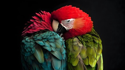 Obraz premium Two colorful parrots sitting together closely preening and grooming each other s vibrant feathers in an intimate affectionate interaction within their natural environment