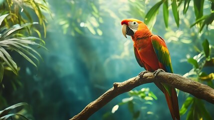 Obraz premium Vibrant and Exotic Parrot Perched Atop a Tree Branch with Lush Green Foliage in a Tropical Jungle or Forest Background