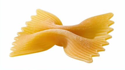 A single farfalle pasta piece stands out against a clean white backdrop, showcasing its unique bowtie shape.