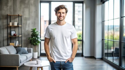 Fototapeta premium A stylish young adult wears a blank white t-shirt, standing in a modern room, with a subtle smile, perfect for showcasing your customized apparel design.