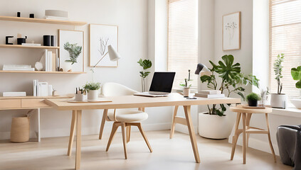A bright, Scandinavian-inspired home office with clean lines, light wood furniture, and minimalist decor, offering a functional and stylish workspace in a calm and airy environment.

