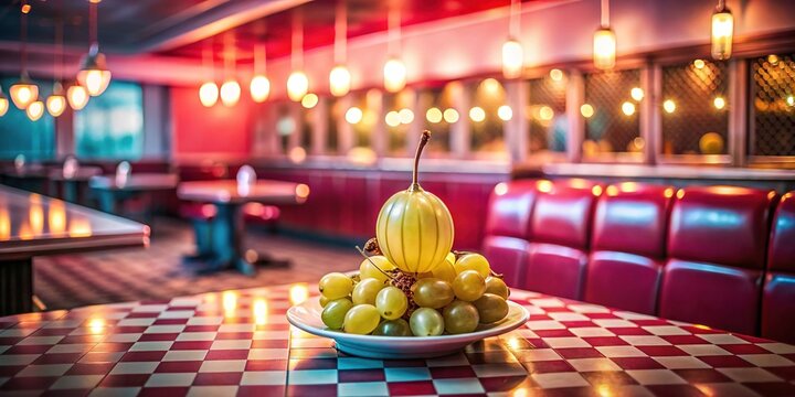 A sultry pearlescent light glows softly on the velvety skin of the Otaheite gooseberry, nestled among retro diner decor's warm hues.