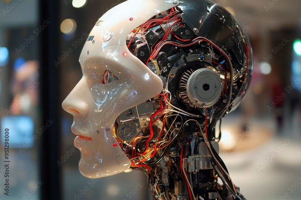 Poster partially exposed mechanical head of a robot