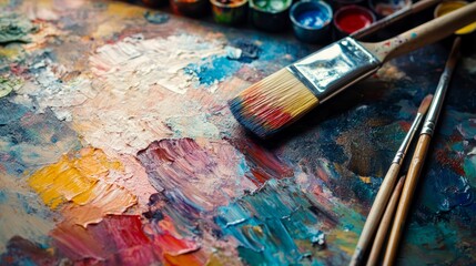 Obraz premium Palette, color and paint brush or art by canvas with inspiration for painting workshop, creative or abstract. Paintboard, watercolor and mixing with tool for decor, background and wallpaper in studio