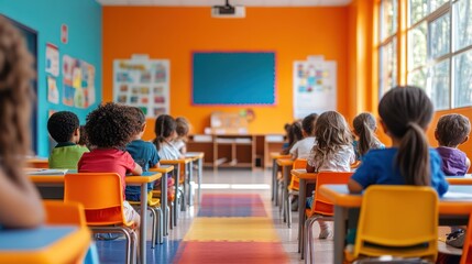 A vibrant elementary school classroom with students 