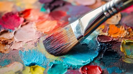 Fototapeta premium Palette, color and paint brush or art by canvas with inspiration for painting workshop, creative or abstract. Paintboard, watercolor and mixing with tool for decor, background and wallpaper in studio