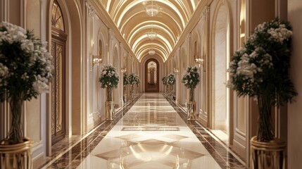 A long, elegant corridor in a luxury bank, lined with marble floors and ornate details, evoking sophistication and wealth.