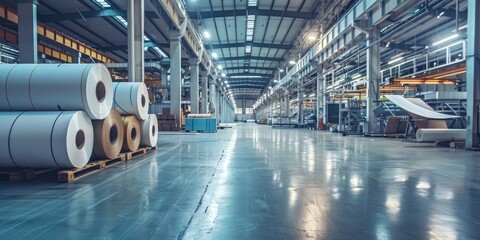 Extensive production site featuring paper rolls and printing materials.