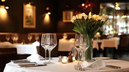 A luxurious restaurant with sophisticated table arrangements, offering a refined dining experience in an elegant setting.