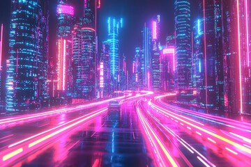 Futuristic Cityscape with Neon Lights and Traffic Streaks