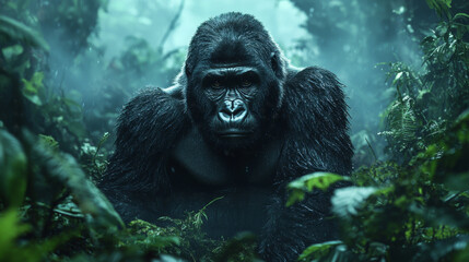 Naklejka premium Black lowland gorilla, a big, hairy mammal, thinks in the jungle