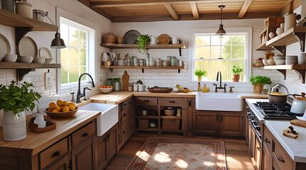 A warm and inviting farmhouse kitchen with open shelving, a large farmhouse sink, and vintage accents, offering a blend of rustic charm and modern functionality.

