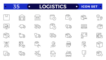 Logistics outline icon. Delivery service outline icon set. Containing order tracking, delivery home, warehouse, truck, scooter, courier Sea Air, Date, Return Search Parcel,  and cargo icons.