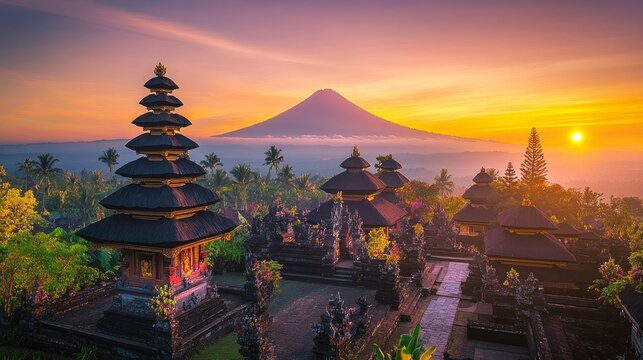 Pura Besakih temple on the slopes of Mount Agung largest and holiest temple at sunset