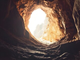 Dramatic Sunlight Streams Through Mystical Cavern Carved Into Towering Cliff Face