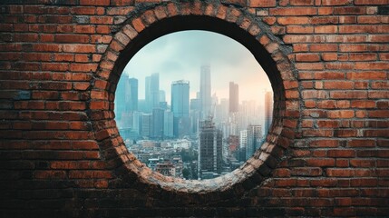 A round hole in a brick wall revealing a modern cityscape beyond, symbolizing breakthrough, progress, and new opportunities.