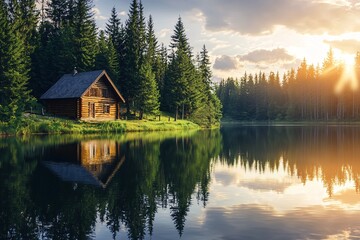 A cozy wooden retreat beside a serene lake, embraced by towering evergreens, glows softly in the sunsets embrace.