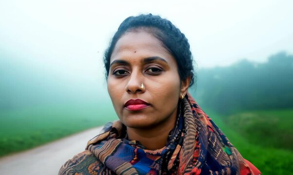 Malawian Woman Walking in Foggy Countryside