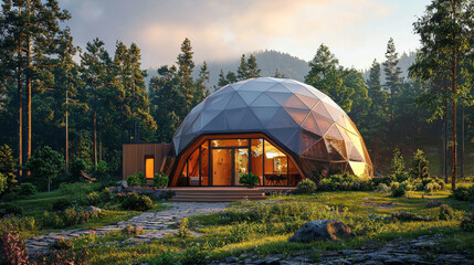 White gazebo in a lush green park under a vibrant sunset sky