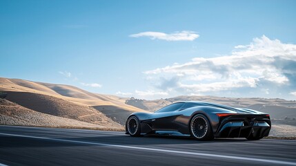 Fototapeta premium A streamlined sports coupe glides effortlessly along a winding road, highlighting its contemporary silhouette against a backdrop of clear skies and gentle slopes.