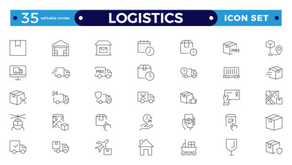 Logistics outline icon. Delivery service outline icon set. Containing order tracking, delivery home, warehouse, truck, scooter, courier Sea Air, Date, Return Search Parcel Editable stroke outline icon