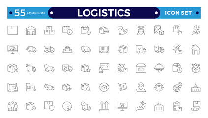 Logistics outline icon. Delivery service outline icon set. Containing order tracking, delivery home, warehouse, truck, scooter, courier Sea Air, Date, Return Search Parcel Editable stroke outline icon