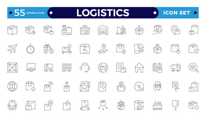 Logistics outline icon. Delivery service outline icon set. Containing order tracking, delivery home, warehouse, truck, scooter, courier Sea Air, Date, Return Search Parcel Editable stroke outline icon