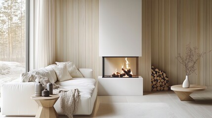 Serene Minimalist Living Space with Sleek White Fireplace: Perfect Poster for Modern Interiors Featuring Light Woods and Cozy Decor