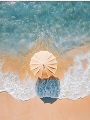 Fototapeta premium Aerial View of Solitary Sun Umbrella on Pristine Summer Beach with Serene Ocean Waves and Clear Space