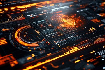 Obraz premium Futuristic Interface with Orange Glowing Lights and Data Displays