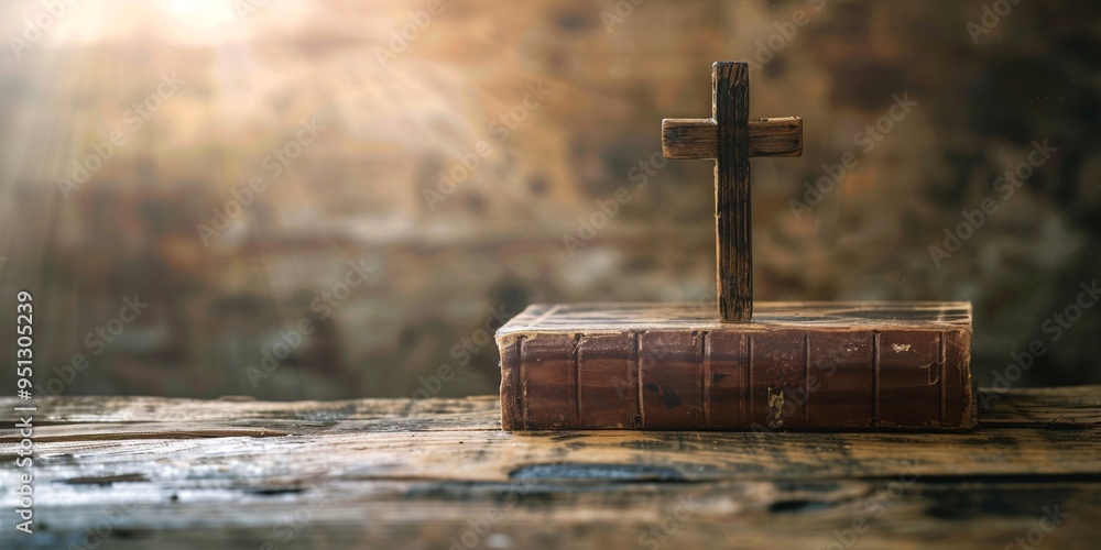 Wall mural detailed image of tiny crucifix and open literature on wooden surface with room for written content.