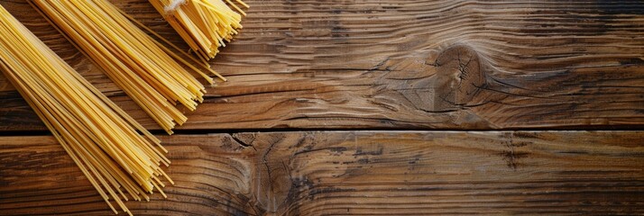 Whole grain spaghetti noodles arranged on a wooden kitchen table in a flat lay composition prior to cooking.