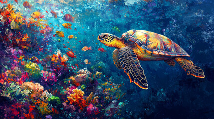 Obraz premium A sea turtle swimming through the ocean near a coral reef, with a green turtle on the beach and another turtle on the water's surface
