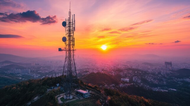Telecommunication transmission towers, internet signal connection concept