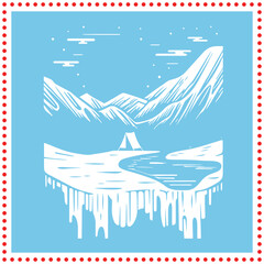 Simplified mountain scene illustration, ideal for eco friendly product packaging and outdoor events.