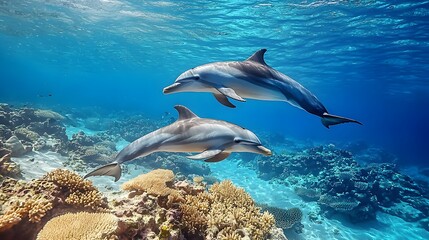 Two playful dolphins swimming gracefully in a vibrant coral reef.