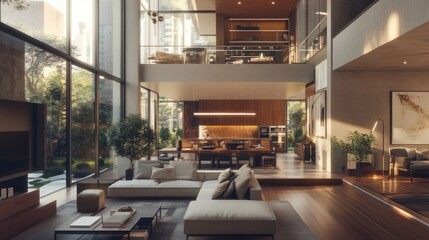 A spacious, modern interior with cozy design elements, showcasing contemporary architecture and comfortable living in a stylish urban home.