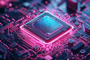 Fototapeta premium Glowing Pink Circuit Board with a Central Processor Chip