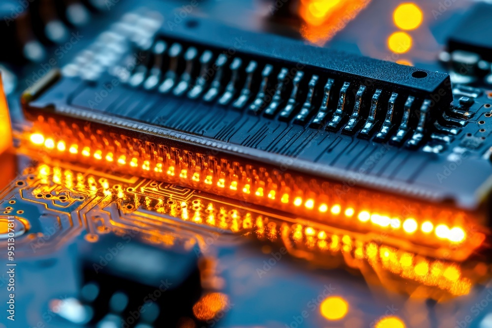 Poster close-up of a circuit board with illuminated pins