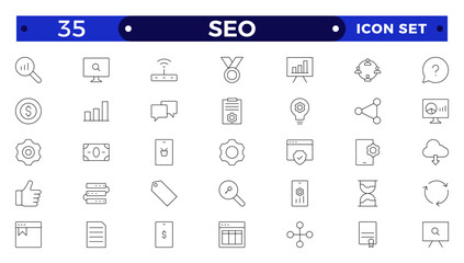 SEO Outline icon set. Search Engine Optimization icon collection. Containing business and marketing, traffic, ranking, optimization, link and keyword.