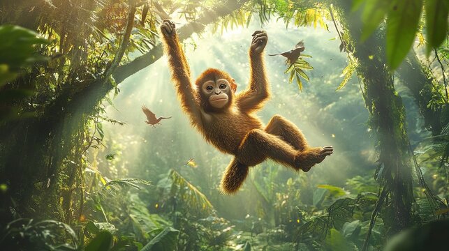Vibrant Jungle Joy: A Playful Monkey Swinging Through Lush Rainforest - Perfect for a Sporty Interior Poster or Nature-Themed Decor!