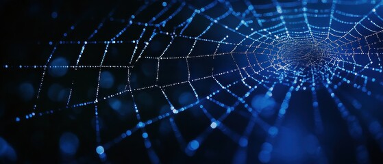 Naklejka premium Close-Up of a Dew-Covered Spider Web with Blue Bokeh Background in Nature