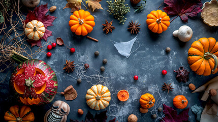 Happy Halloween decoration display elements flat lay top view with orange and white pumpkins with lighting inside, ghost, maple leaves on dark slate stone background