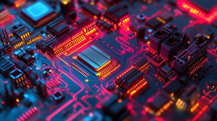 Fototapeta premium Intricate chip design interwoven with holographic data streams in double exposure, semiconductor, AI technology